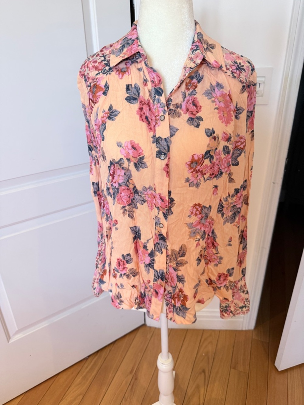 Free People Peach Button-Down Blouse with Pink Rose Print